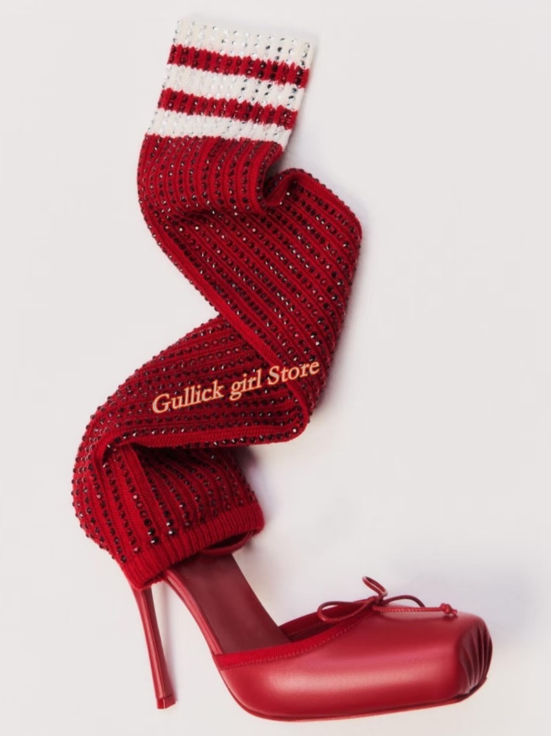 Red Knit Square Toe Boots Cut  – Knee High Sock Women recenzja i cena