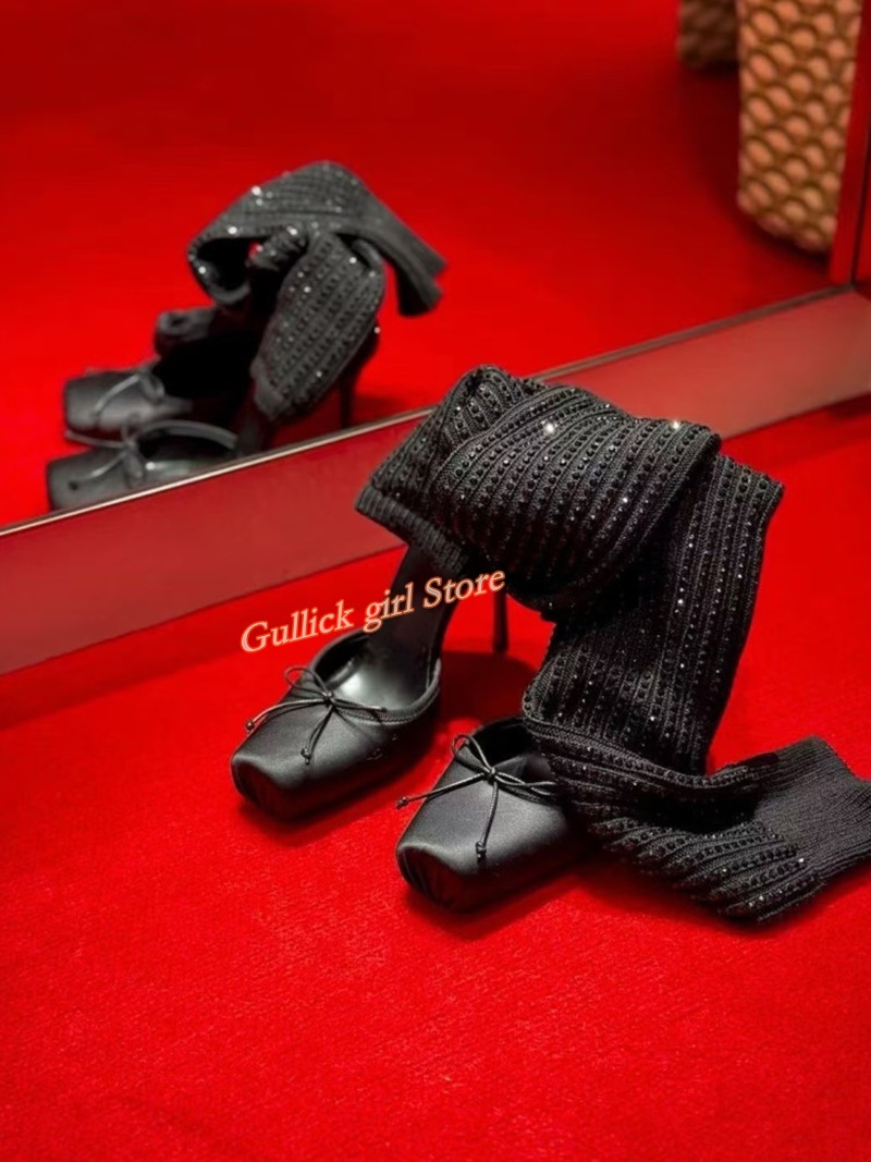 Red Knit Square Toe Boots Cut  – Knee High Sock Women recenzja i cena